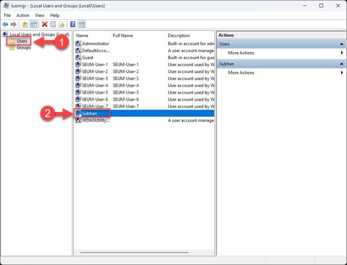 Open user properties from Local Users and Groups