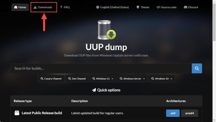 Open UUPDumps downloads