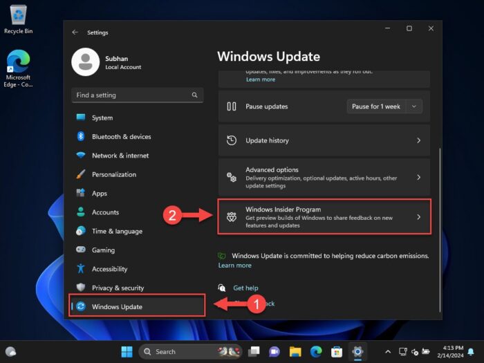 Open Windows Insider Program settings