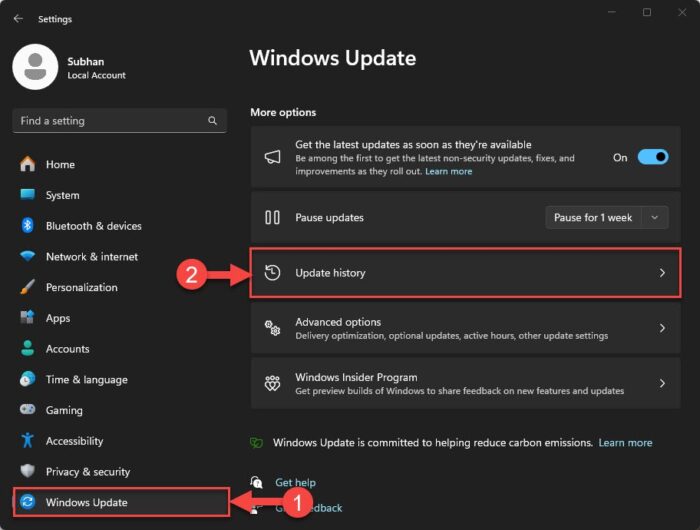 Open Windows Update history