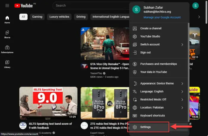 Open YouTube settings
