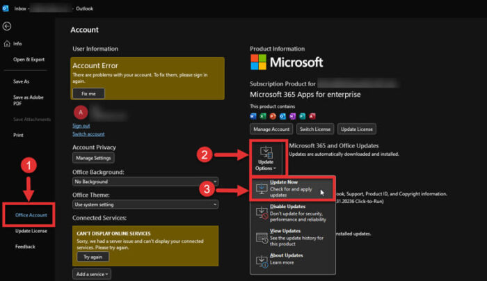 Outlook check for updates