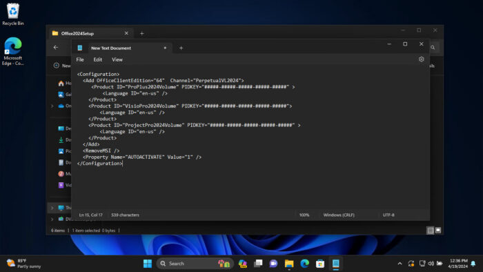 Paste the Office 2024 configuration code in the text file