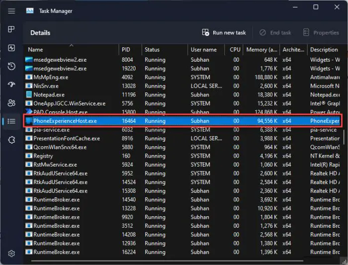 What Is PhoneExperienceHost.EXE (Phone Link) And How To Disable It 1 PhoneExperienceHost exe process runnung in the background