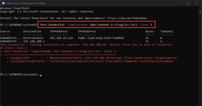 Ping multiple devices at once using text file in PowerShell