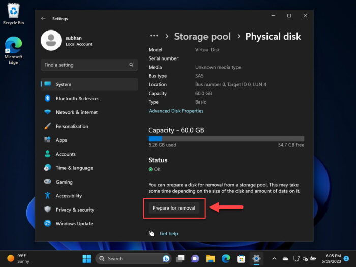 Prepare disk for removal