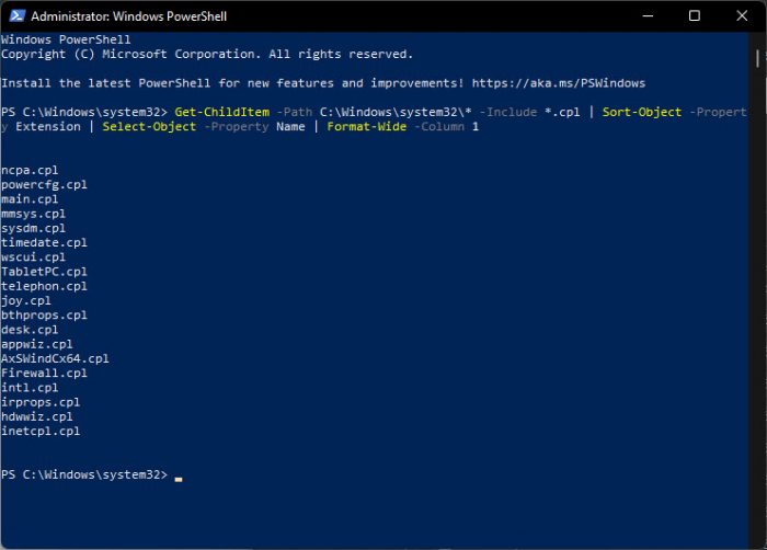 List of Windows Control Panel Applets (CPL Files) 7 pwsh list