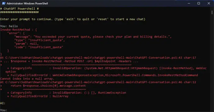 How To Install And Use GitHub PowerShell Copilot Using PowerShell Module 4 Quota error message in GitHub PowerShell Copilot (PowerShellAI)