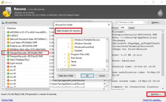 Recover the selected file