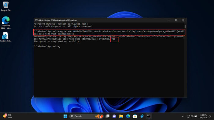 Remove Gallery foler in File Explorer using command line