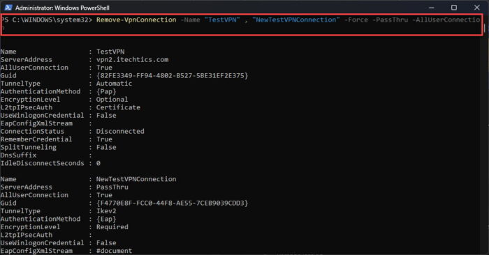Remove multiple global VPN profiles from PowerShell