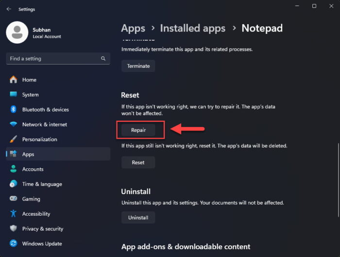 Repair the app