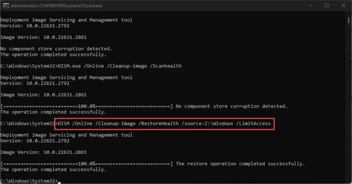 Repair Windows image using running Windows installation source with DISM