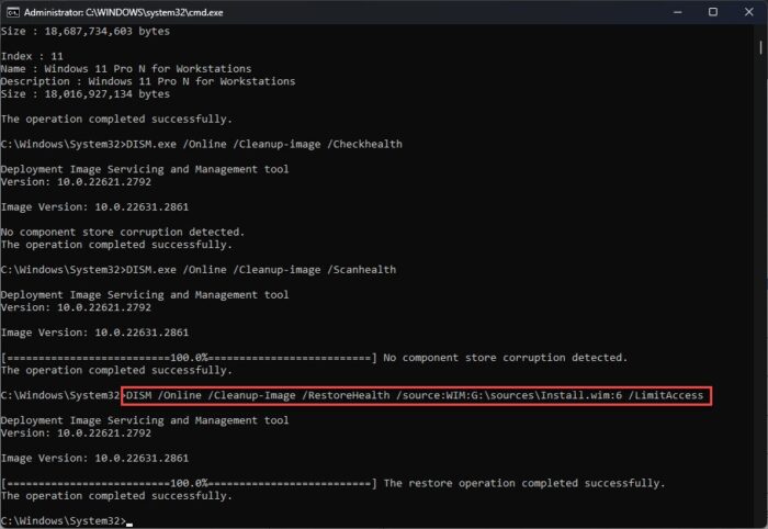 Repair Windows image using WIM file with DISM in Command Prompt