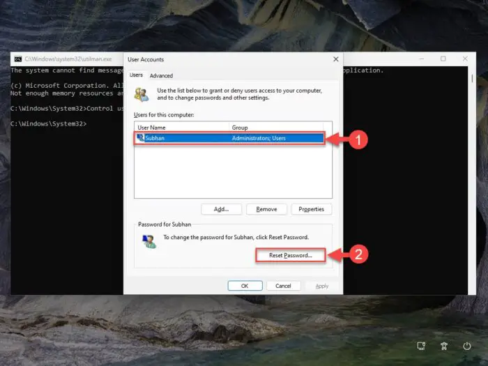 Reset account password