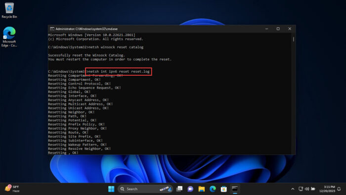 Reset IPv6 settings