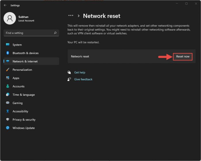 Reset network