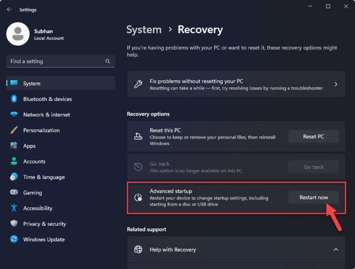 Restart computer for advanced startup