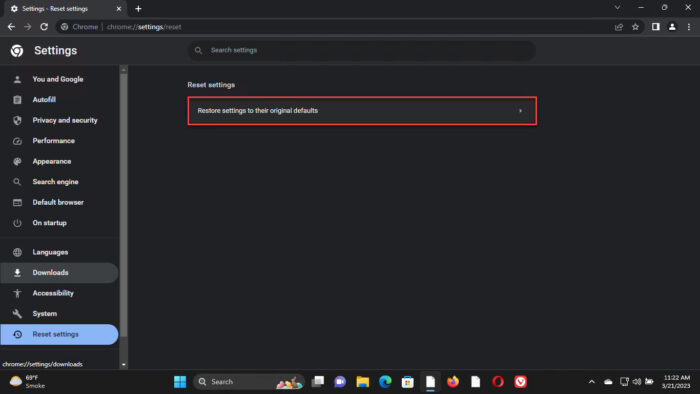 Restore Chrome to default settings