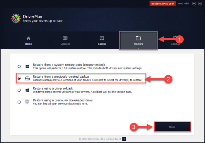 Restore drivers using DriverMax