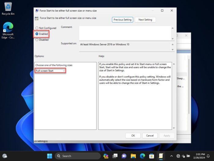 Reszie the Start menu from the Group Policy