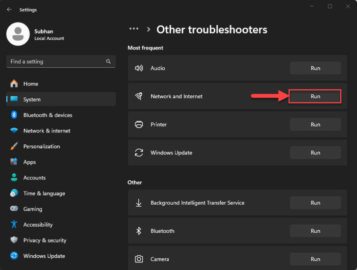 Run the Network and Internet troubleshooter