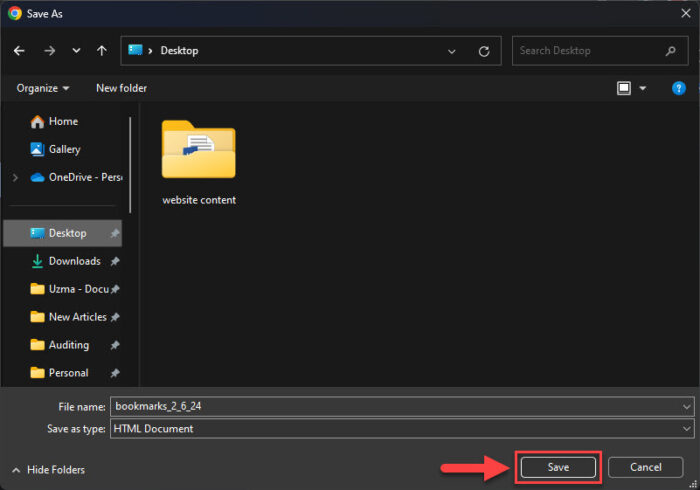 Save the HTML bookmarks file