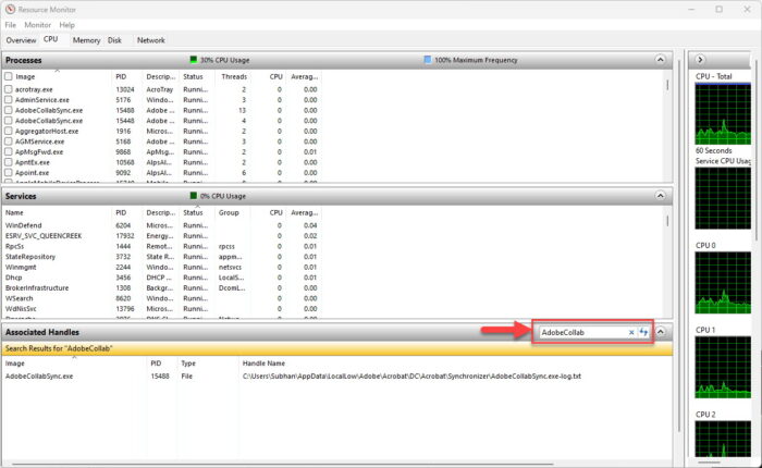 Search for the locked file in Resource Monitor