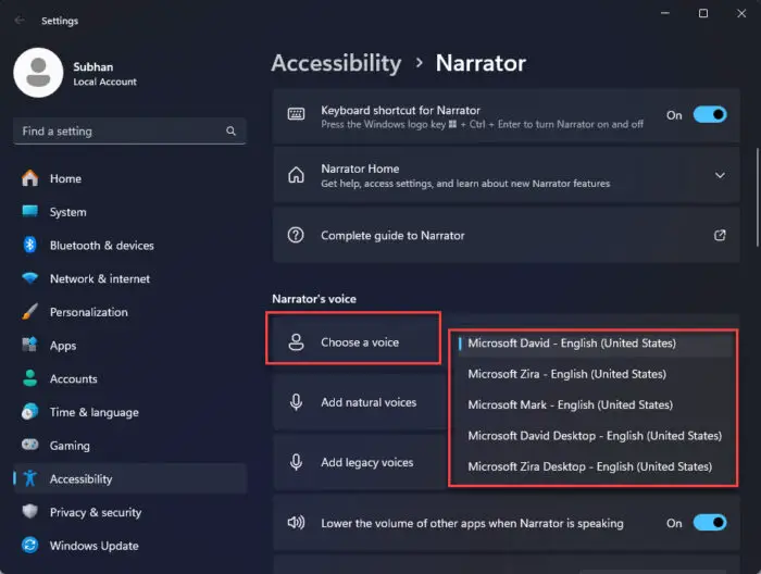 Select a voice for the Narrator