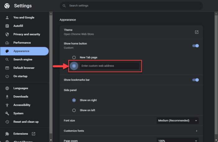 Select custom URL radio button