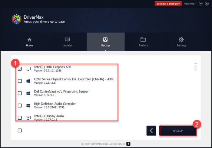 Select drivers to backup