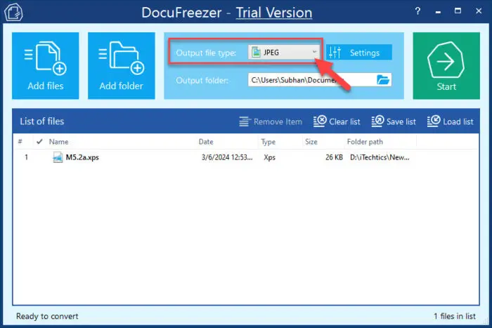 Select JPEG as the output file type