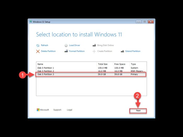 Select primary partition for installation
