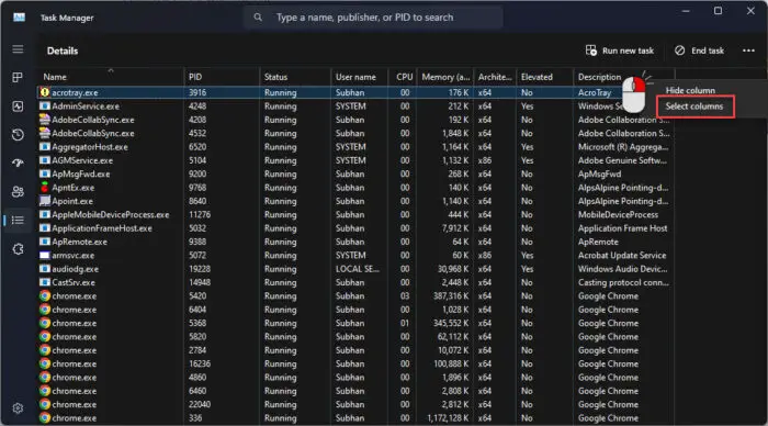 Select the columns to show