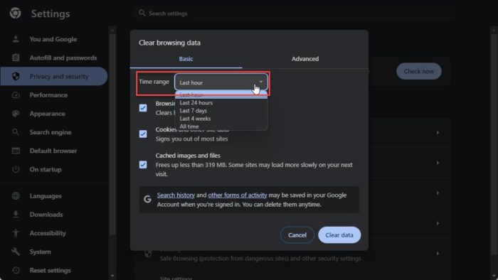 Select the duration to clear the history for