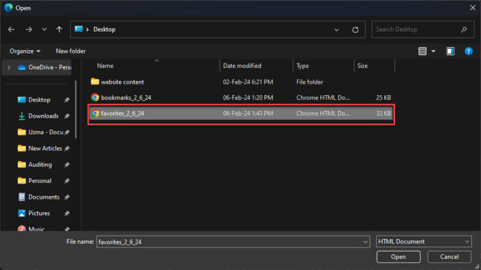 Select the HTML file to import