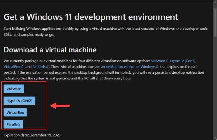 Select the hypervisor to download Windows Development Environment