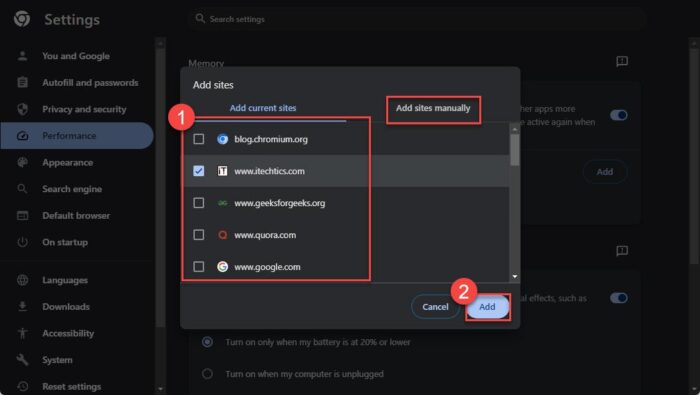 Select the sites to keep active