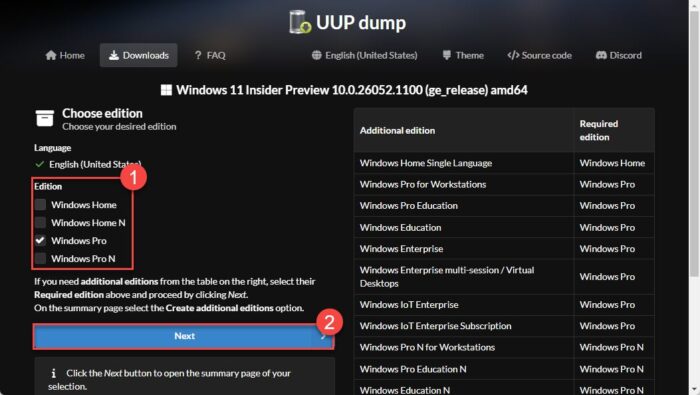 Select the Windows editions