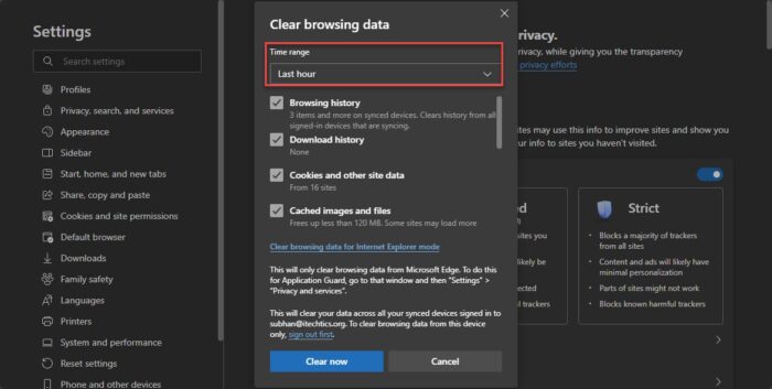 Select time range to delete browsing history in Edge