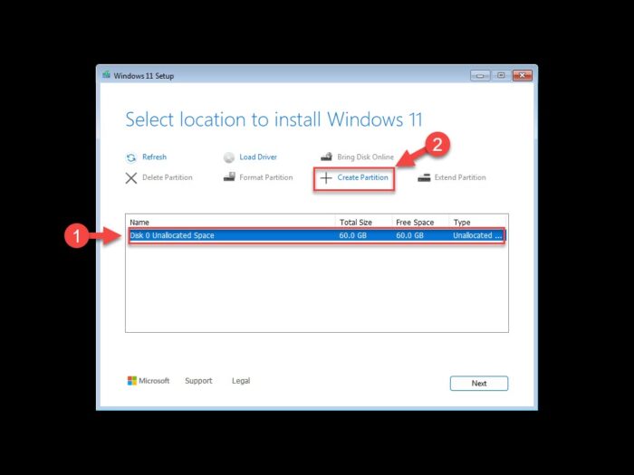 select unallocated space and create partition