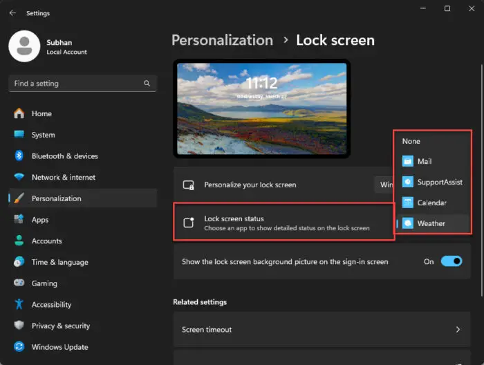 Select Windows 11 lock screen status