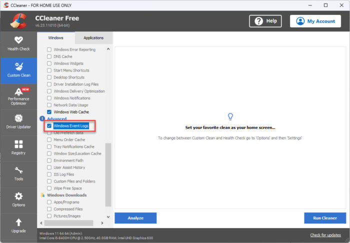 Select Windows Event Logs