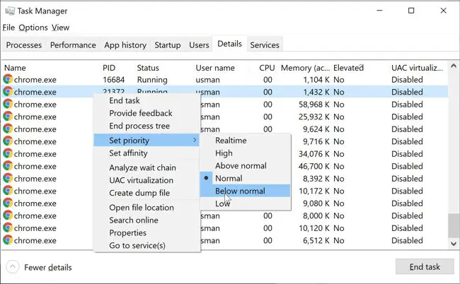 Set Chrome process priority in Windows 10