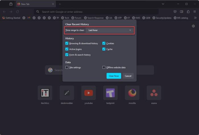 Set the time range to clear browsing history in Firefox