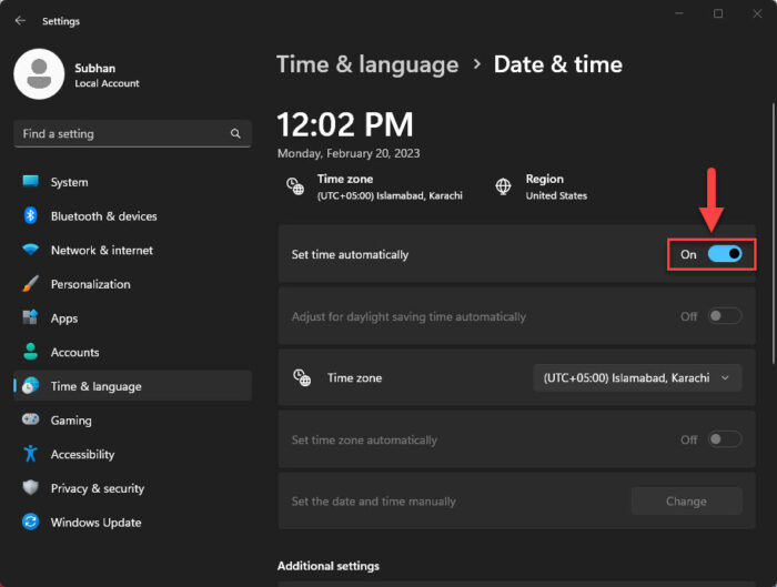 Set time automatically