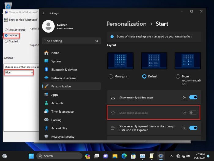 Show or hide most used apps in Start menu