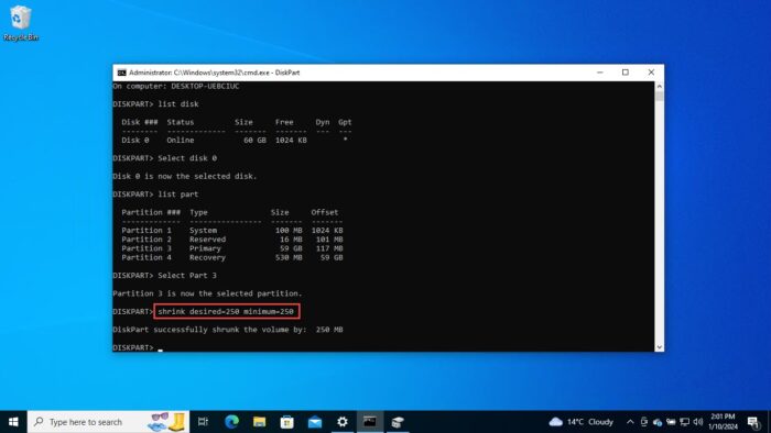 Shrink primary OS partition from Command Prompt