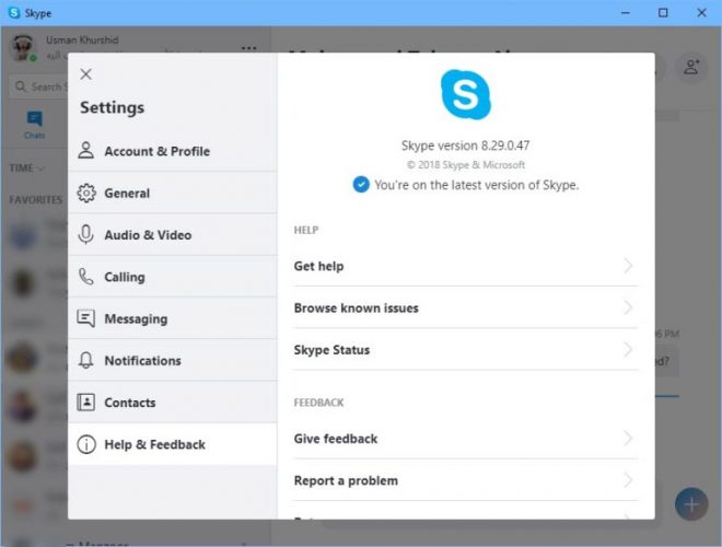Skype 8 29 Help and Feedback window Skype 8 29 Help and Feedback window