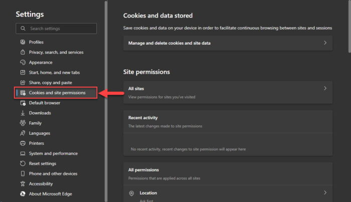 Switch to Cookies and site permissions tab